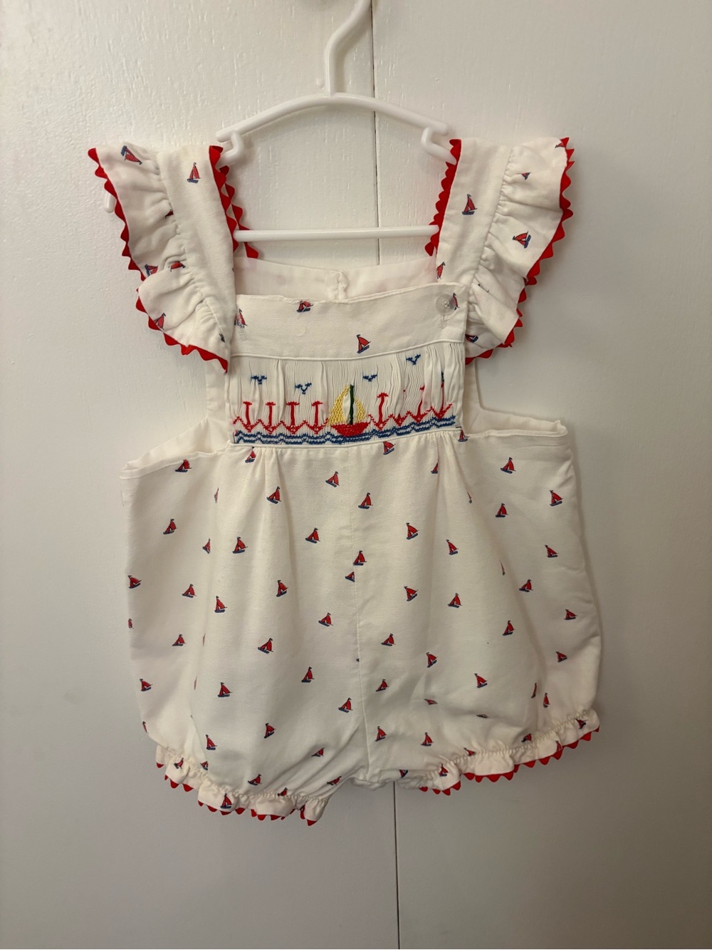 Girls White & Red Sailboat Smocked Romper